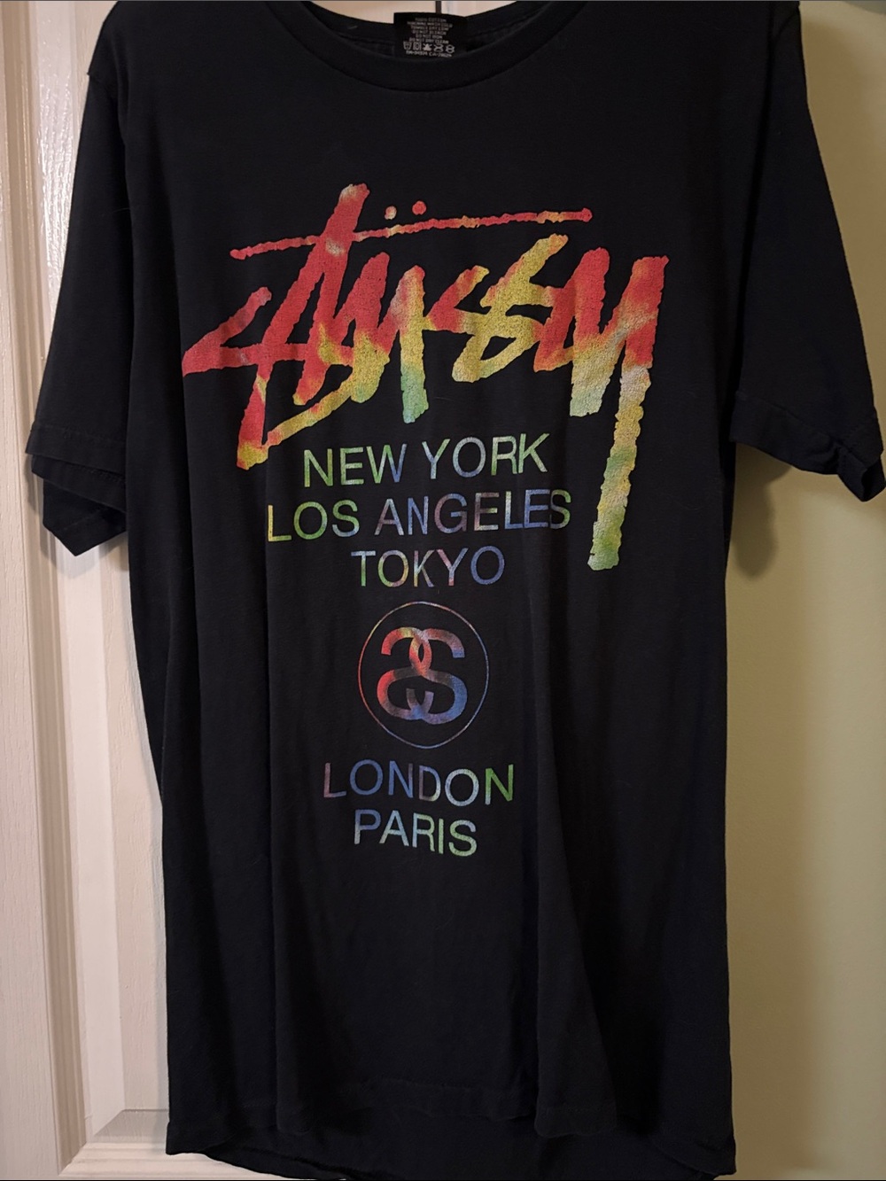Stussy Black Short-Sleeve Tee with Rainbow Script Logo